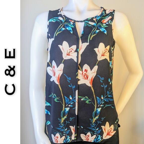 C & E Sleeveless Blouse Small Black Pink Tropical Floral V-Neck Cottagecore - Picture 1 of 7